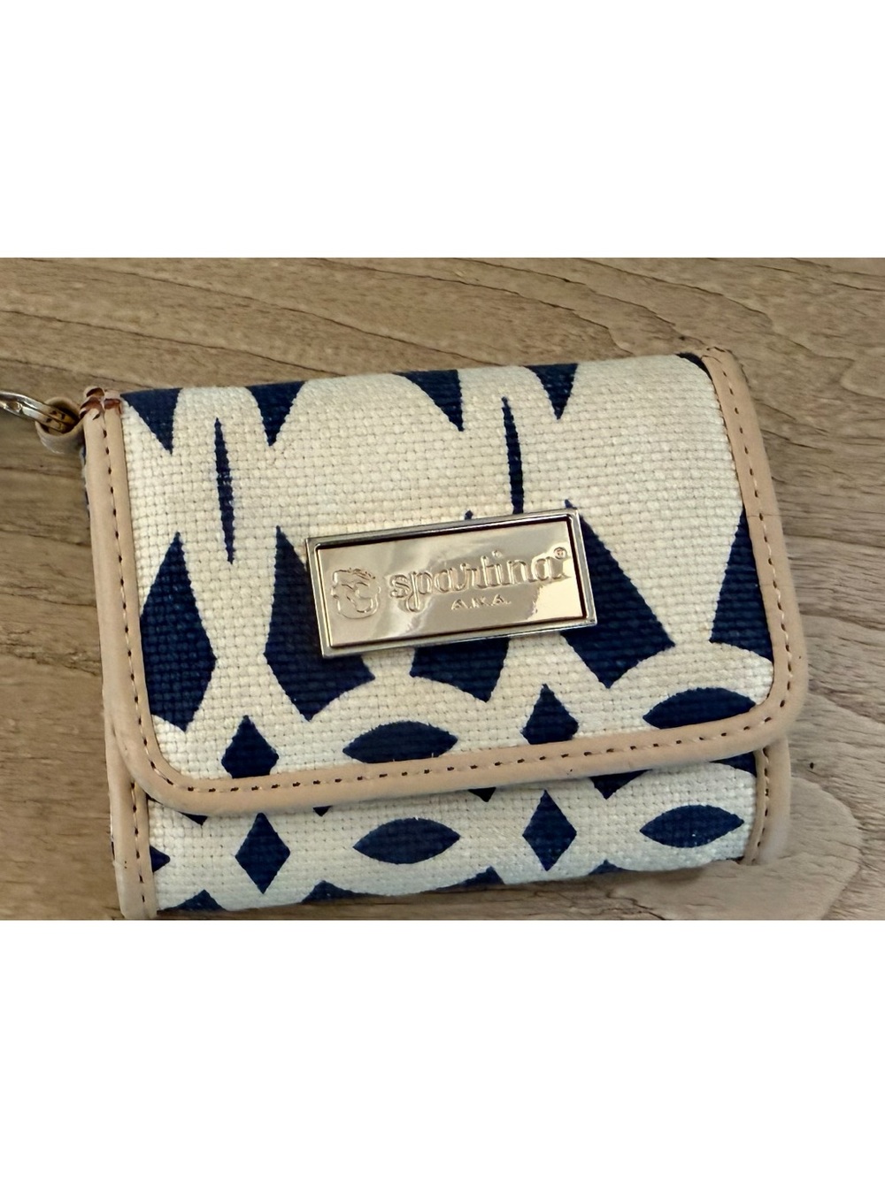 Spartina Navy and Cream Geometric Canvas Wallet wristlet with Beige Trim